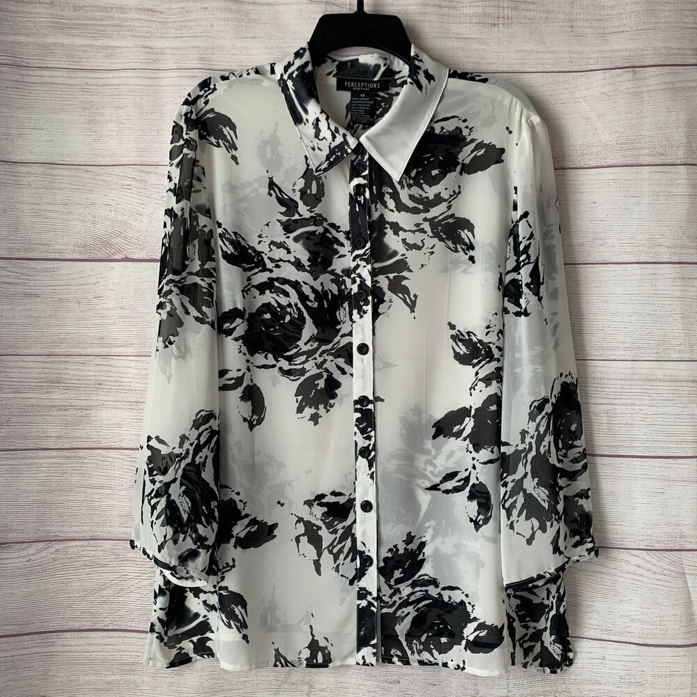 Perceptions White with Black Floral Sheer Button Up Shirt 3/4 Sleeves Size 18